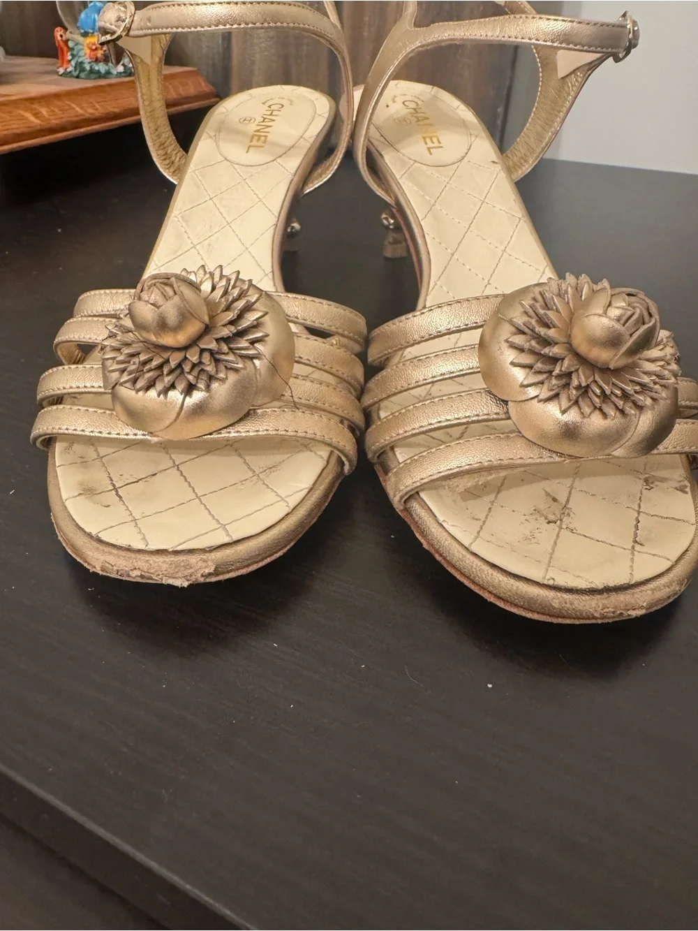CHANEL metallic gold Camellia leather sandals with ankle - 39 Used
